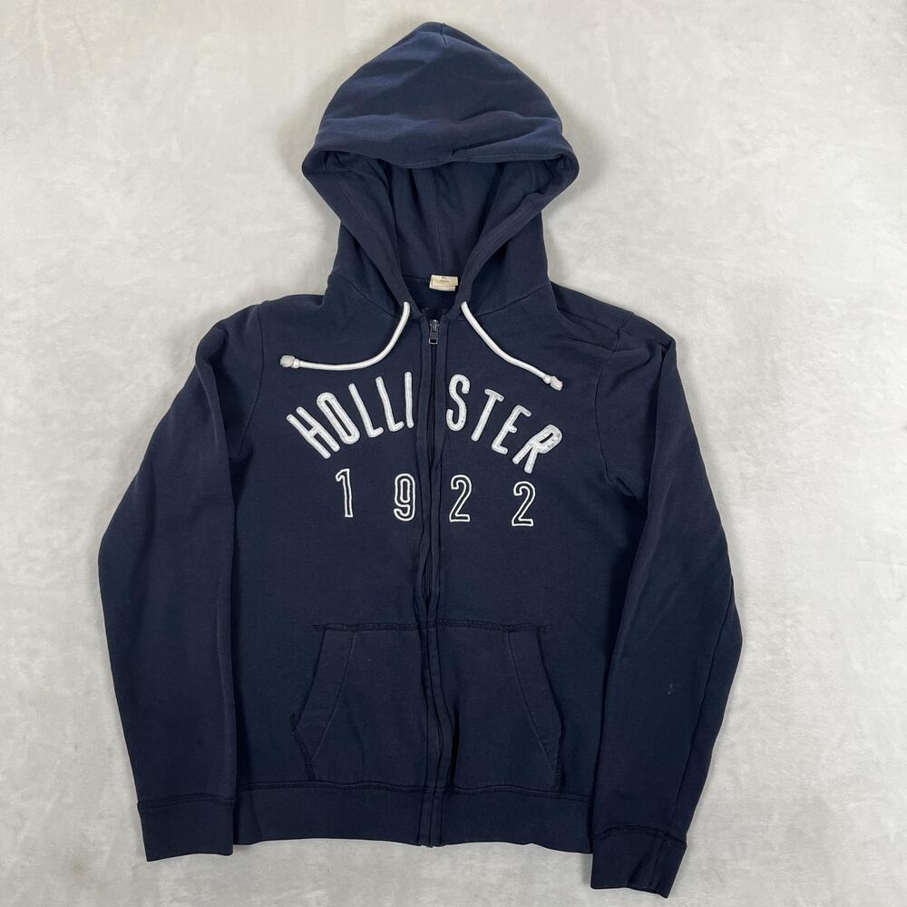 Hollister Hoodie Womens XL Blue Full Zip Fleece Sweatshirt 1922 Graphic Logo Y2K